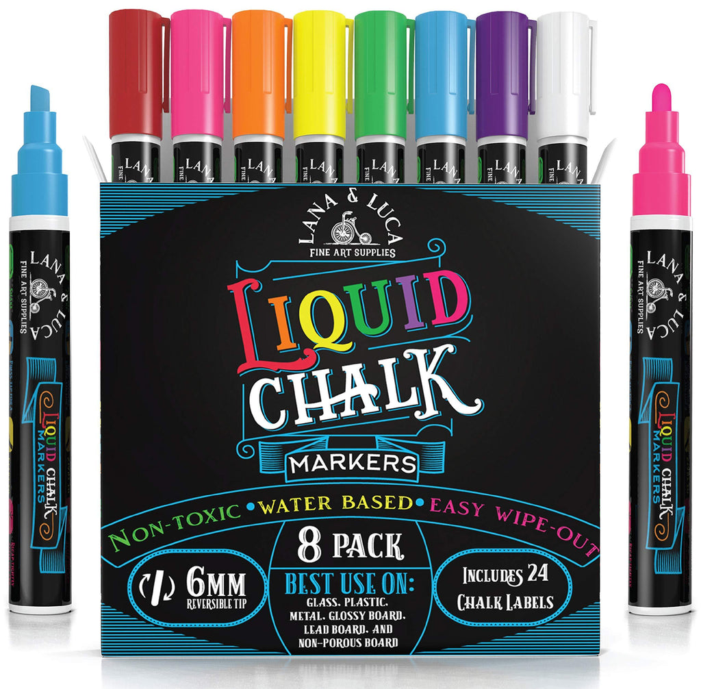 Liquid Chalk Markers for Blackboards - Bold Color Dry Erase Marker Pens - Chalk Markers for Chalkboards Signs, Windows, Blackboard, Glass with 24 Chalkboard Labels Included - 6mm Reversible Tip (8 Pack)