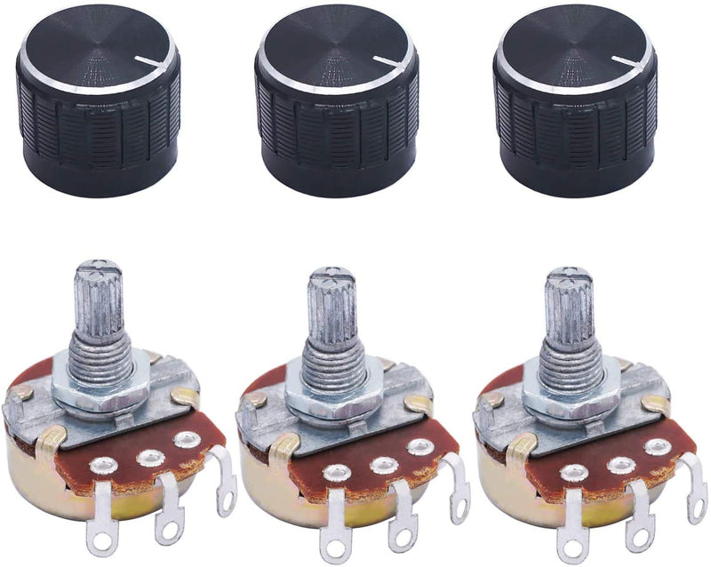 TWTADE / 3pcs 500K Ohm Potentiometer Single Turn Rotary Linear Variable Potentiometer + 3pcs Black Aluminum Alloy knob