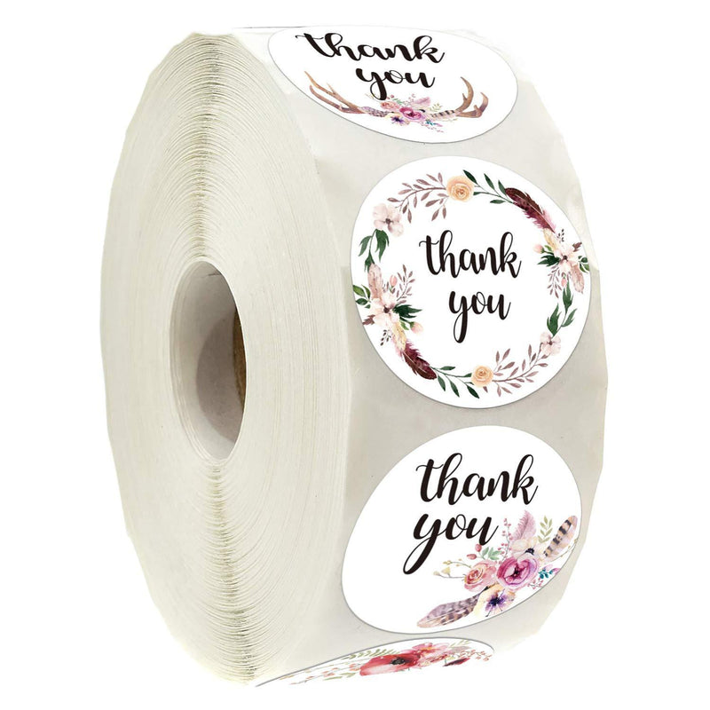 Thank You Stickers, Bohemian Feather Thank You Label Stickers, Chic Floral Label Stickers for Wedding, Company, Small Business, 6 Different Designs, 1.4 Inch, 500 Per Roll.