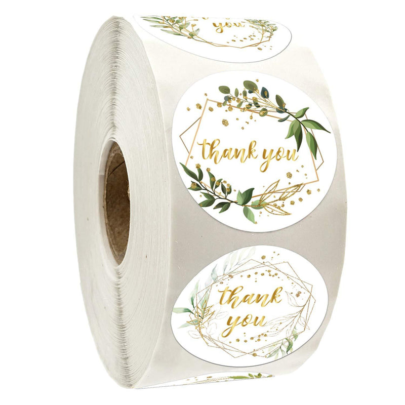 Thank You Stickers Roll, Green Leaves with Golden Frames Thank You Stickers, 1.4 Inch Adhesive Label Stickers 6 Different Designs, Perfect for Birthday, Wedding Favors, Small Business, 500 Per Pack.