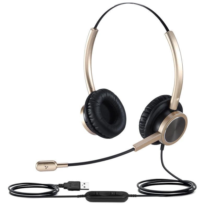 USB PC Headset for Zoom Conferencing, PC Video Call Headset with Mute Button, Teams Meeting Headset with Noise Cancelling Microphone & Volume Control, Online Teaching & Virtual Class Headset for Kids Gold Double Ear