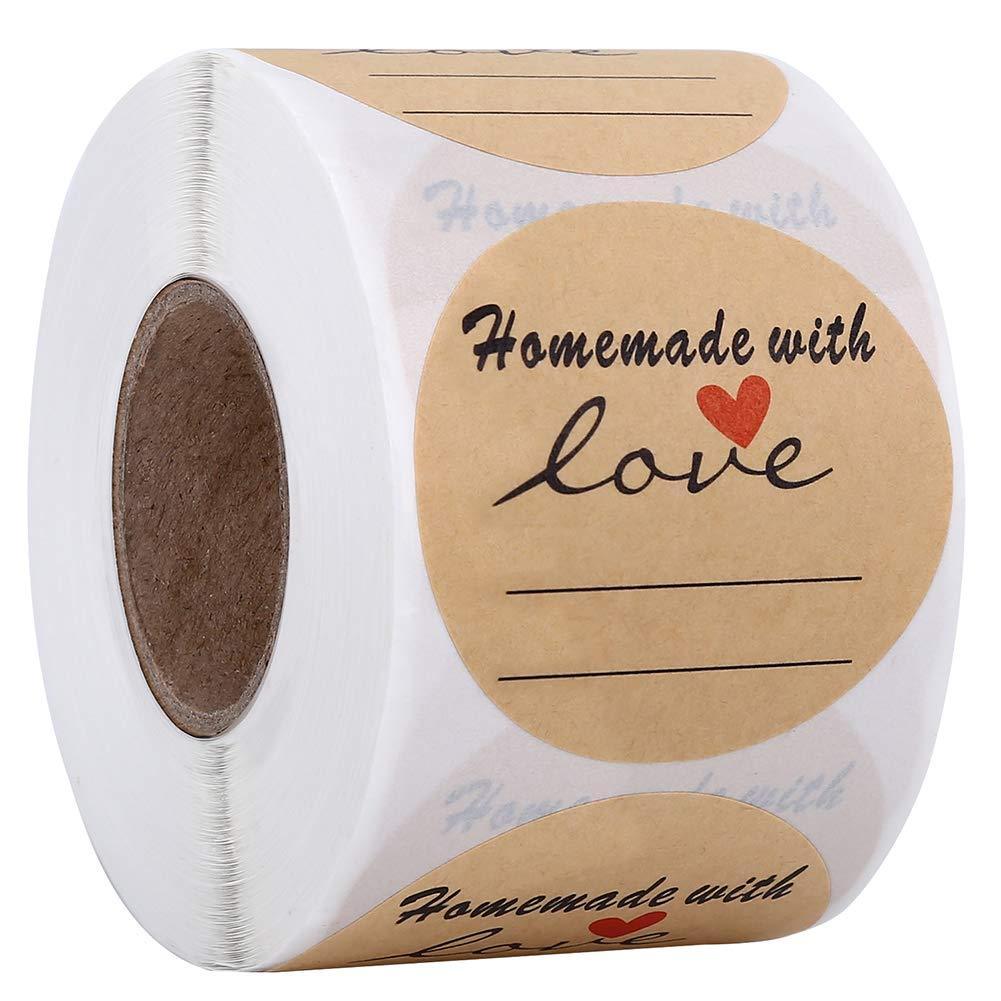 2" Round Kraft Homemade with Love Sticker with Lines for Writing, Black Font and Red Heart Canning Labels, 500 Labels per roll