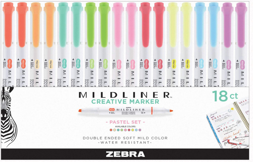 Zebra Pen Mildliner Highlighters, Double Ended Highlighter, Broad And Fine Tips, Pastel Colors Midliner Pens, 18 Pack, 78118ELG