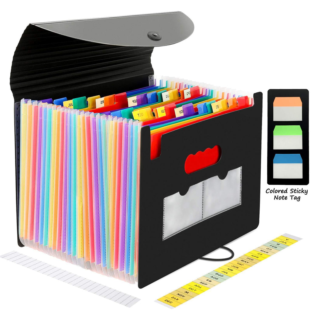 CHEPULA 24 Pockets Expanding File Folder Multicolored Accordian File Organizer File Organizer Expandable Folder with Expandable Cover Document Organizer A4 Size File Box (Black)