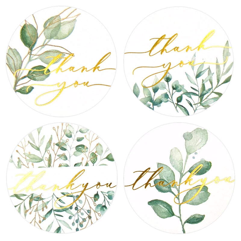 Gooji Thank You Stickers – 500Pcs Roll Greenery Gold Foil Thank You Stamp – 1.5 Inch Thank You Stickers for Packaging – 4 Designs – Ideal for Wedding and Party Favors, Envelopes, Boutiques