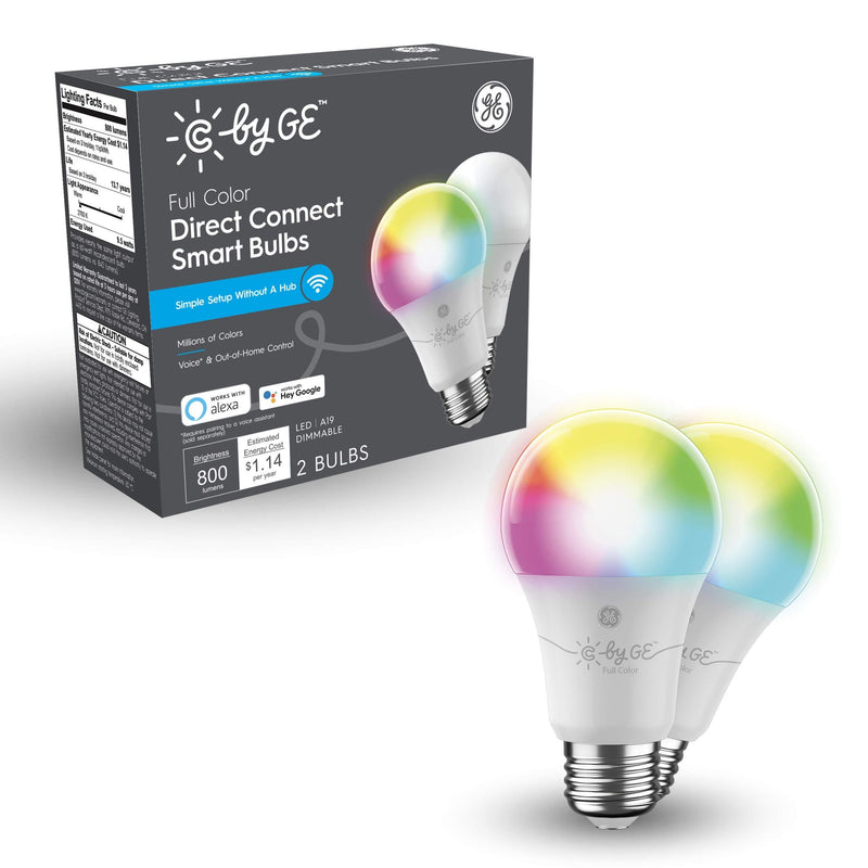 C by GE Full Color Direct Connect Smart LED Bulbs (2 A19 Color Changing Light Bulbs), 60W Replacement, Bluetooth/Wi-Fi Enabled, Alexa + Google Home Compatible Without Hub, 2-Pack (Packaging May Vary) 2 Count (Pack of 1)