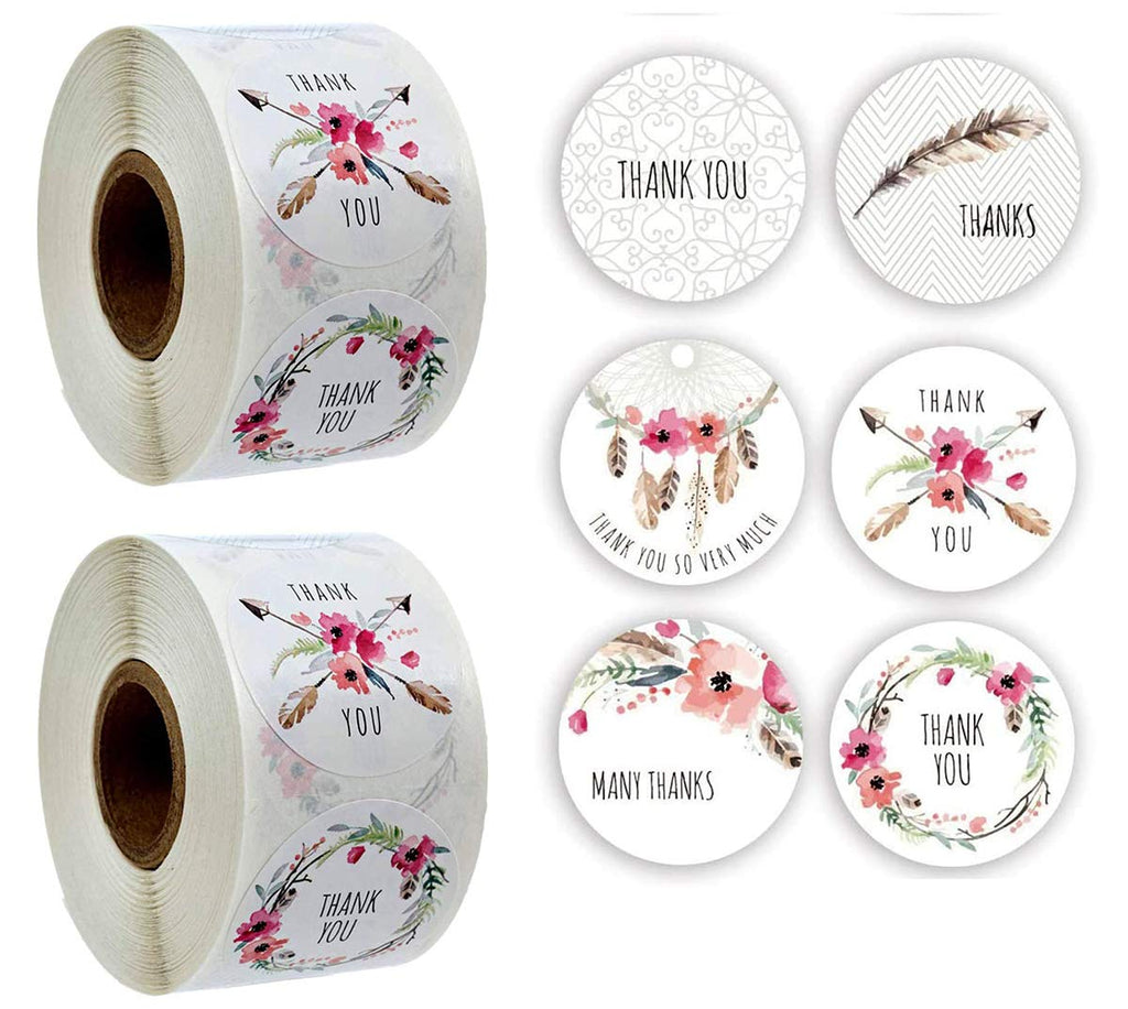 1000pcs 6 Different Design Thank You Stickers 1'' Round Thank You Stickers Adhesive Labels ,500 Per Roll ,Decorative Sealing Stickers for Christmas Gifts, Wedding, Party (A-15 6 Different Design)