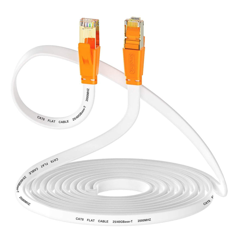 Cat 8 Ethernet Cable 15 ft, Smolink Cat8 Flat Internet Cable, RJ45 High Speed Gaming Patch Cord, White Network LAN Cable, 40Gbps, 2000Mhz, Weatherproof for Xbox, POE, PS4, Switch, Modem, Router