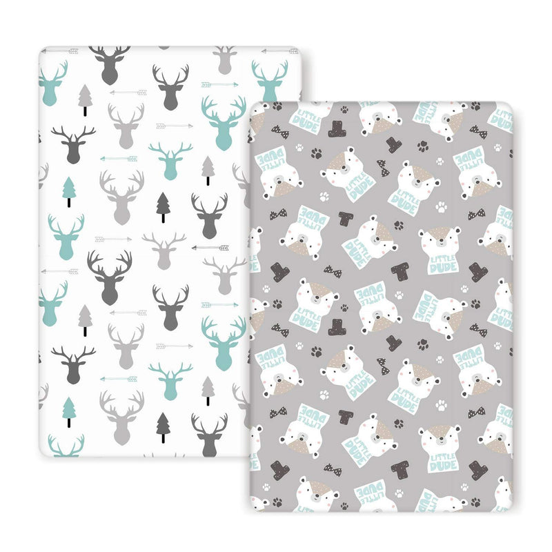 GRSSDER Stretch Ultra Soft Jersey Knit Fitted Pack n Play Sheets , 2 Pack Playard Sheets for Baby Girls and Boys , Cute Bear and Deer Gray