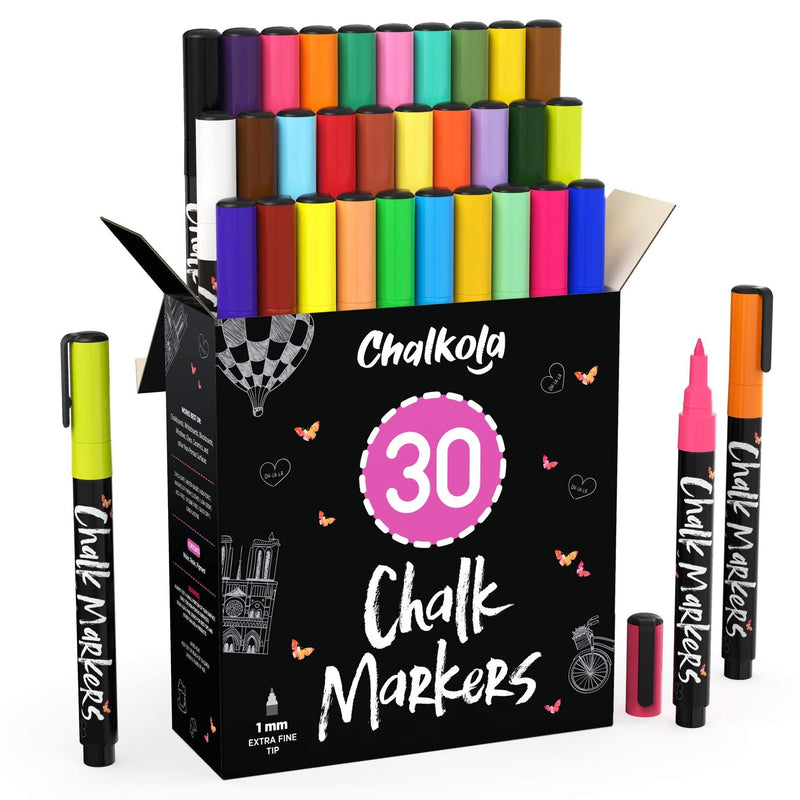 Extra Fine Tip Liquid Chalk Markers (30 Pack 1mm) Pastel + Neon Chalk Pens - Erasable Dry Erase Marker for Chalkboard, Blackboards, Window, Bistro Extra Fine Tip - 1mm