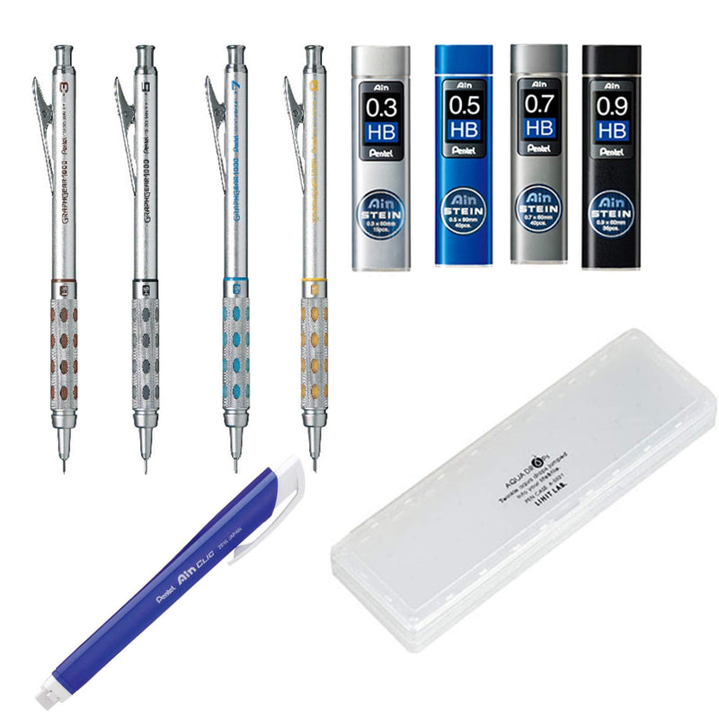 Graphgear 1000 - Four Mechanical Pens Set - 0. 3mm, 0. 5mm, 0. 7mm & 0. 9mm, with Ain Stein Refill Leads, Ain Clic Retractable Pen-type Triangle Eraser and Lihit Lab White Pencase