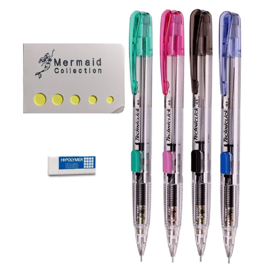 Techniclick Mechanical Pencil 0.5mm PD105T - Pink. Green. Black. Blue (Pack of 4 & ZEH05 Eraser)