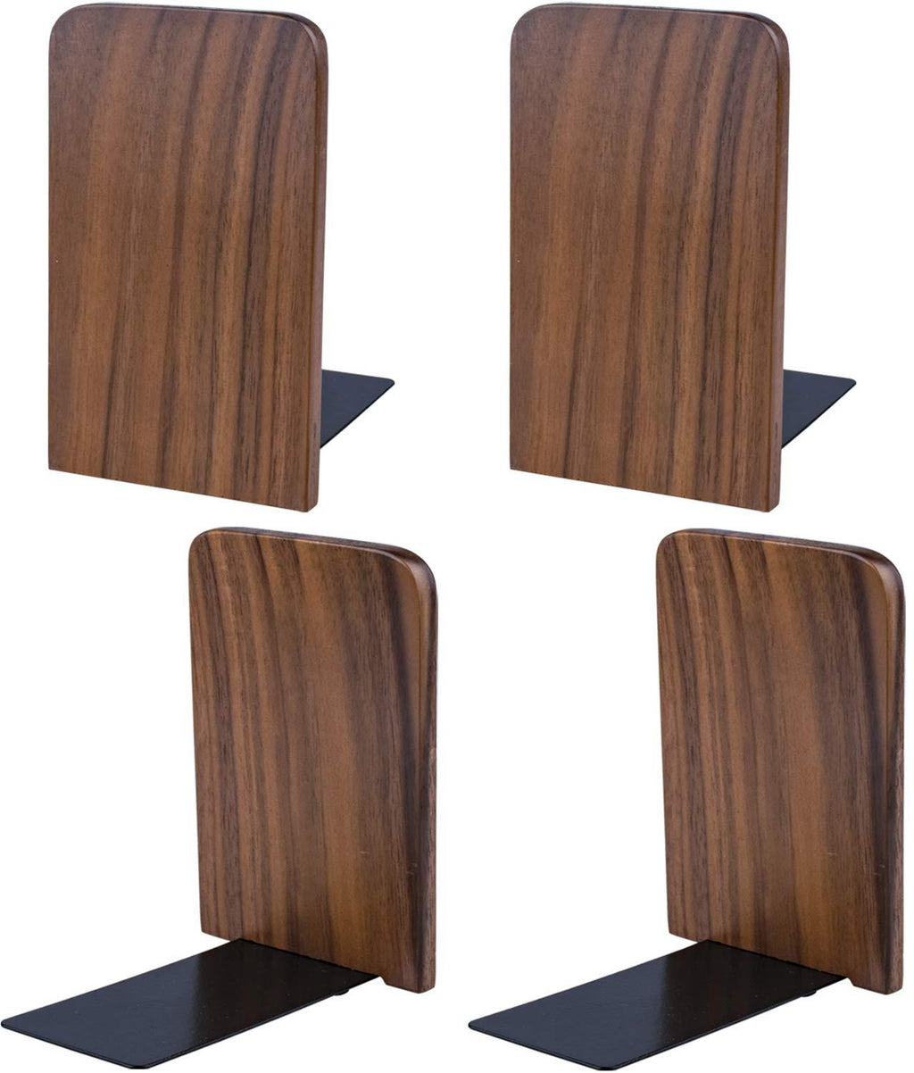 Nicunom 2 Pairs/4 Pieces Wood Bookends, Non Skid Black Walnut Book Stand for Home Office School, L-Shaped Book Ends Perfect for Books, DVD's, CD's, Video Games