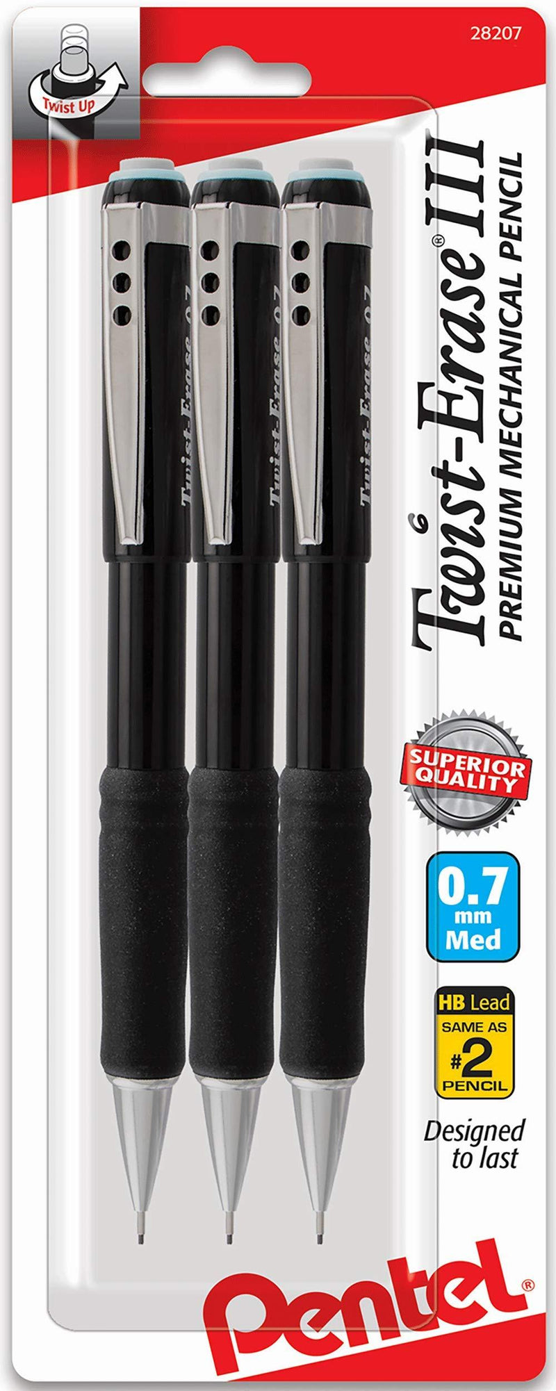 Pentel Mechanical Pencil, Pentel Twist Erase .7 MM, Twist-Erase III Automatic Pencil, 3 Pack, Black Barrels, Best Professional Mechanical Pencils for School, Office & Home for Women & Men (QE517BP3)