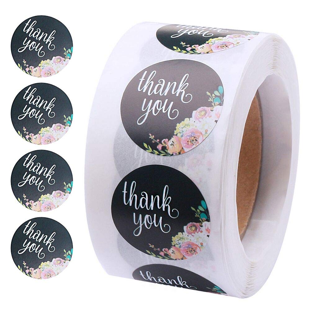 Thank You Stickers Roll, 500 PCS Per Roll Black Floral Thank You Lables Stickers for Business, Greeting Cards, Gift Wraps, Flower Bouquets Decoration