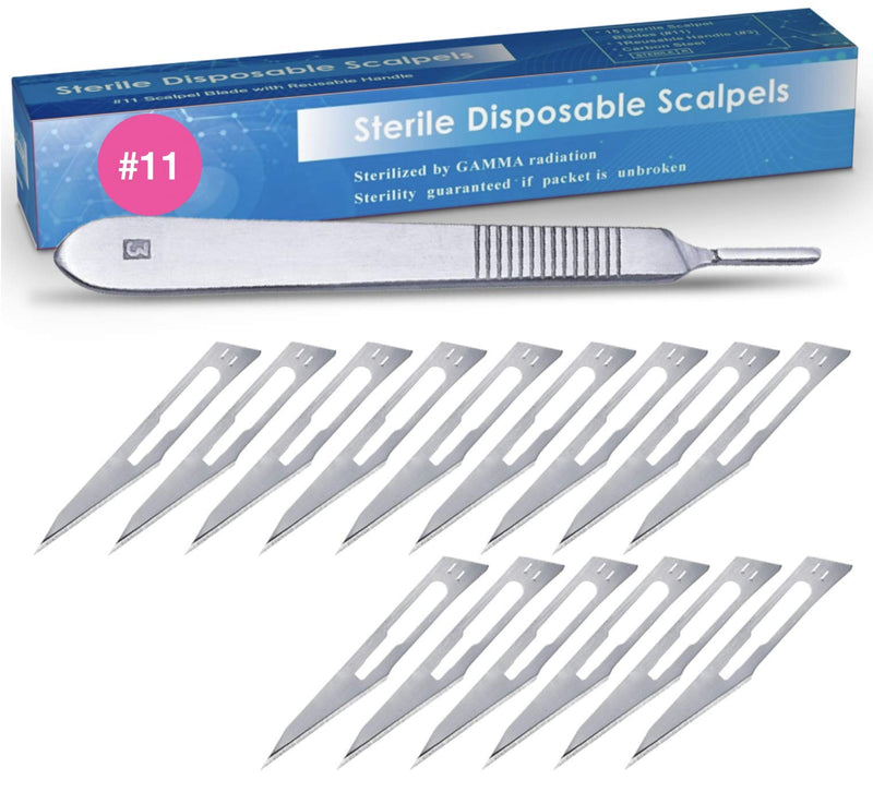 MedHelp 20 Pack Surgical Blades 11 and Stainless Steel Scalpel Handle, Size 11 Scalpel Blades, High Carbon Steel Dermaplaning Tool #11 ● Box of 20 Blades +1 Handle