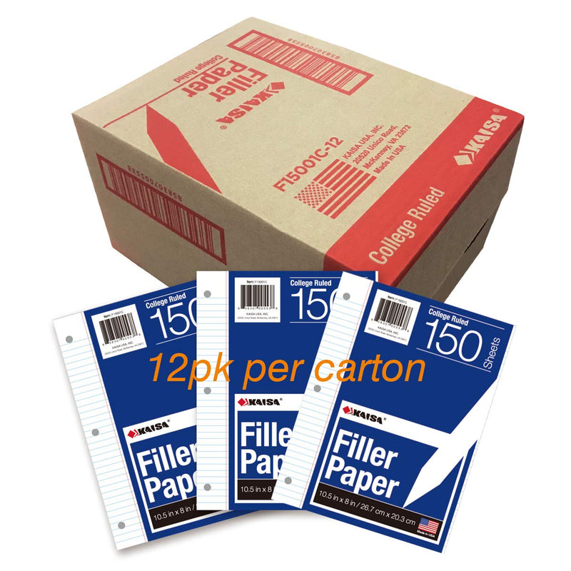 Kaisa Loose Leaf Paper Filler Paper College Ruled 150 Sheets 8"x10.5" 3-Hole Punched for 3-Ring Binders, 12packs 12pack
