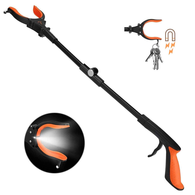 Foldable Grabber Reacher Tool with Headlight, 32 inch Lawn Trash Picker Upper Grabber, 90°Rotating Anti-Slip Jaw, Heavy-Duty Stick, Portable Claw Grabber for Elderly 8320-0-1 Orange