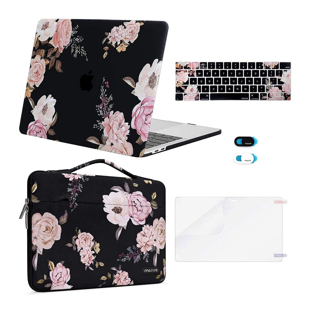 MOSISO Compatible with MacBook Pro 13 inch Case 2016-2020 Release A2338 M1 A2289 A2251 A2159 A1989 A1706 A1708, Plastic Peony Hard Shell&Sleeve Bag&Keyboard Skin&Webcam Cover&Screen Protector, Black