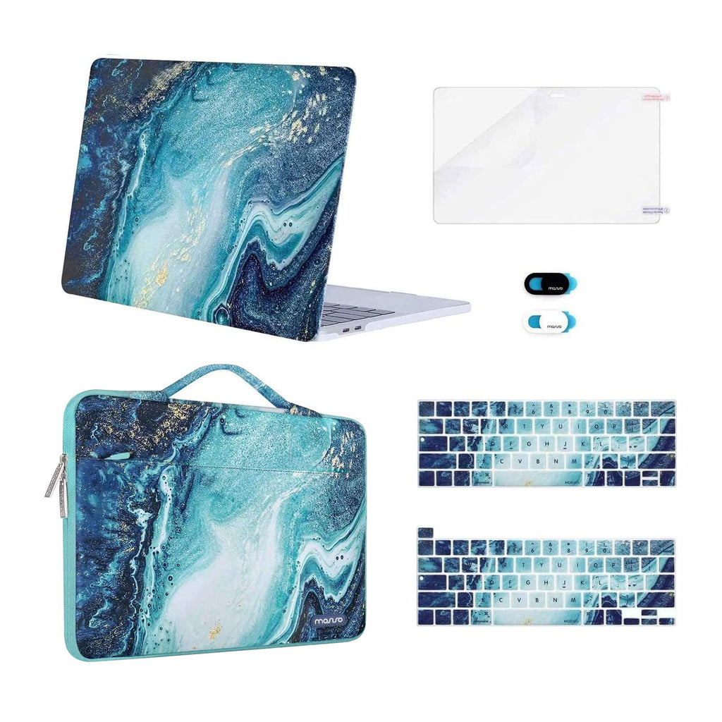 MOSISO Compatible with MacBook Pro 13 inch Case 2016-2020 A2338 M1 A2289 A2251 A2159 A1989 A1706 A1708, Plastic Creative Wave Marble Hard Case&Bag&Keyboard Cover&Webcam Cover&Screen Protector, Blue