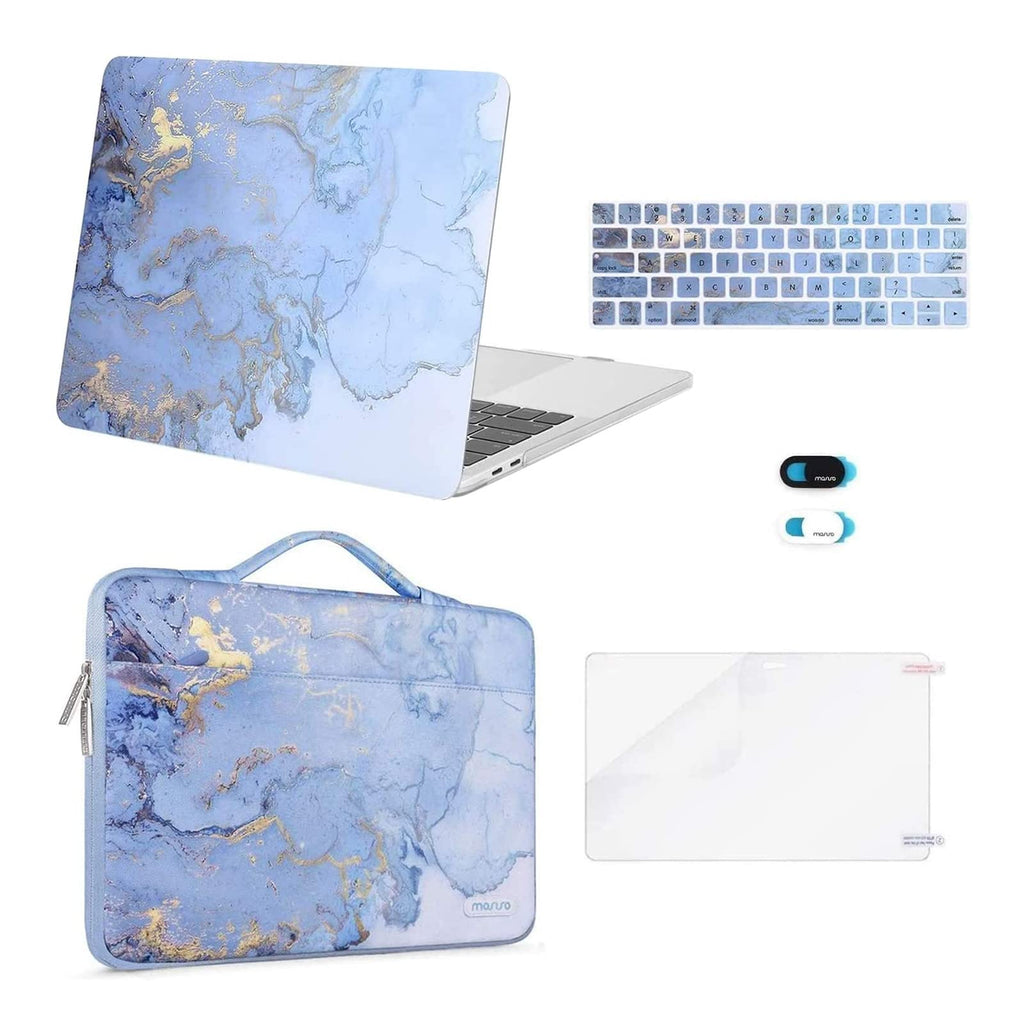 MOSISO Compatible with MacBook Pro 13 inch Case 2016-2020 A2338 M1 A2289 A2251 A2159 A1989 A1706 A1708, Plastic Watercolor Marble Hard Case&Bag&Keyboard Skin&Webcam Cover&Screen Protector, Blue