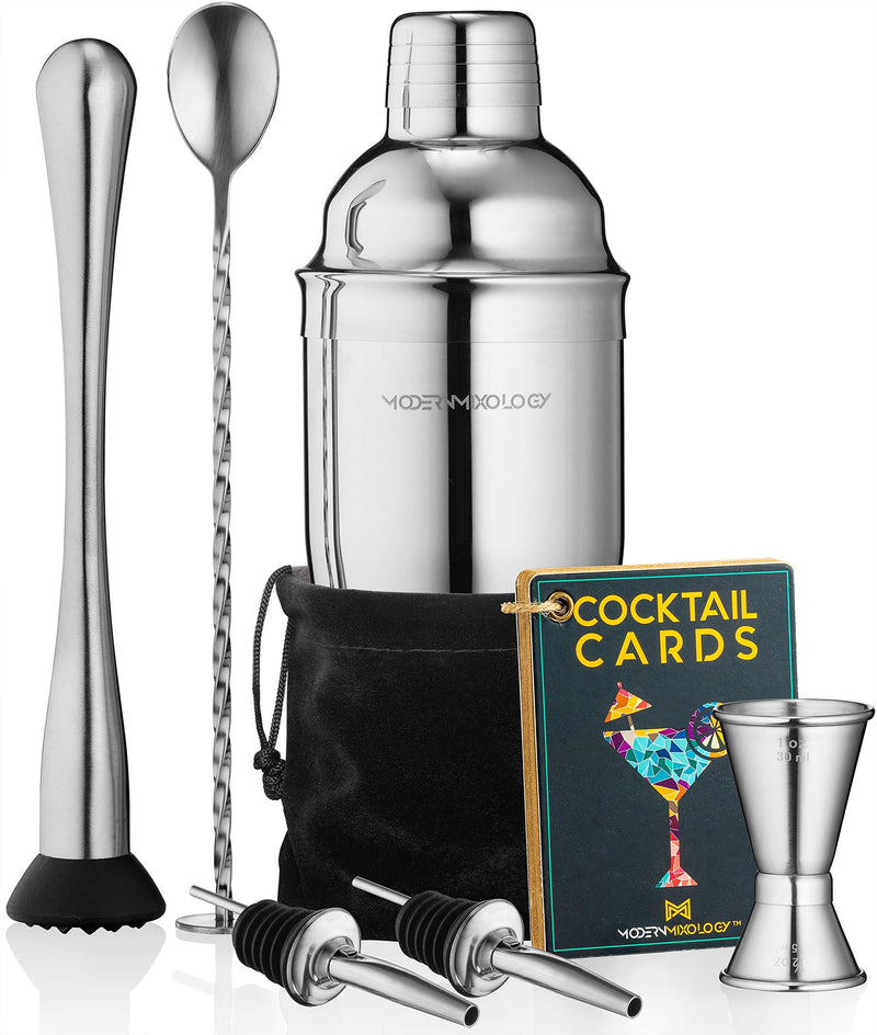 Mixology Cocktail Shaker Set Drink Mixer, 8-piece Portable Bartender Kit with 24oz Martini Shaker Barware Tool Set, 2 Pourers, Muddler, Jigger, Mixing Spoon, Velvet Bag, Built-in Strainer (Silver) Silver