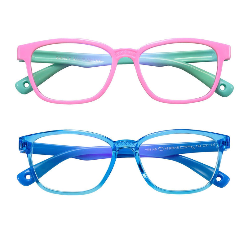 AHXLL Kids Blue Light Blocking Glasses 2 Pack, Anti Eyestrain & UV Protection, Computer Gaming TV Phone Glasses for Boys Girls Age 3-9 (Pink Green+ Transparent Blue) Pink Green+ Transparent Blue