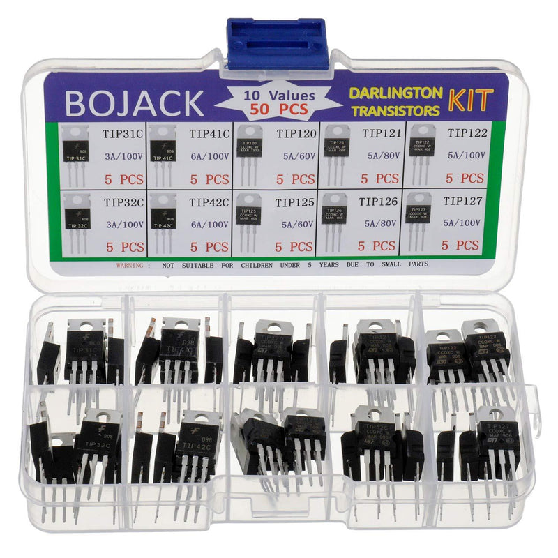 BOJACK 10 Values 50 Pcs Silicon Epitaxial Power Transistor TIP31C TIP32C TIP41C TIP42C TIP120 TIP121 TIP122 TIP125 TIP126 TIP127 Darlington Transistors TIP Series Assortment Kit