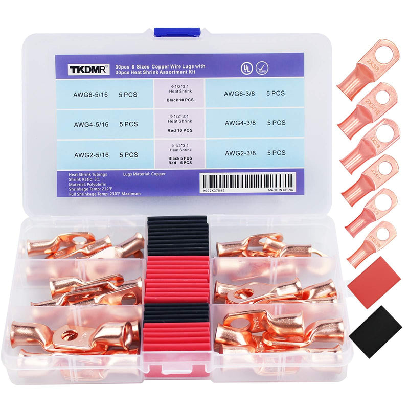 TKDMR 30pcs 2 4 6 AWG Copper Wire Lugs with 3:1 Heat Shrink Tubing,UL Heavy Duty Cable Lugs Battery Cable Ends Copper Eyelets Ring Terminal Connectors 2 4 6 Awg - Ring Kit 30