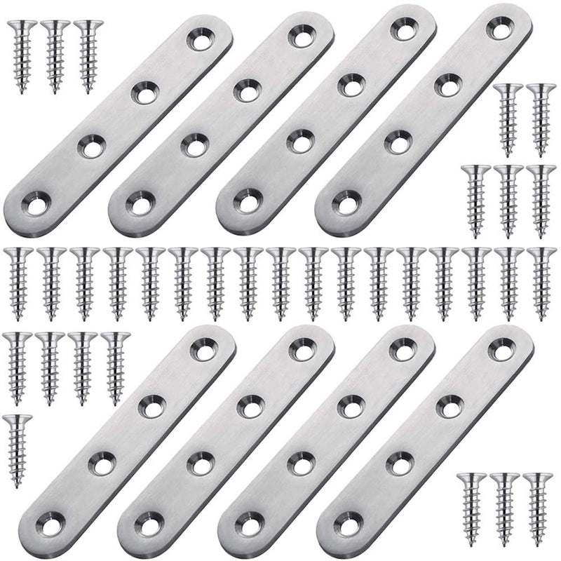 YEWLACA 8 Pack Flat Straight Brace Brackets 4 Inch Stainless Steel Mending Plates Repair Fixing Brackets Heavy Duty Straight Repair Joining Plates with Screws