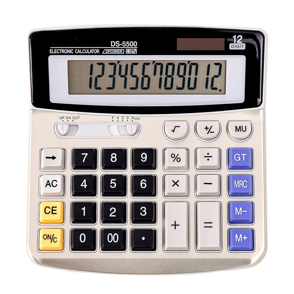 JAWOO Large Display Desk Office Calculator, 12 Digit Desktop Basic Jumbo Adding Machine Standard Function Simple Accounting Calculators with Big Button, Solar and Battery Dual Power (DS-5500) DS-5500 -Silver