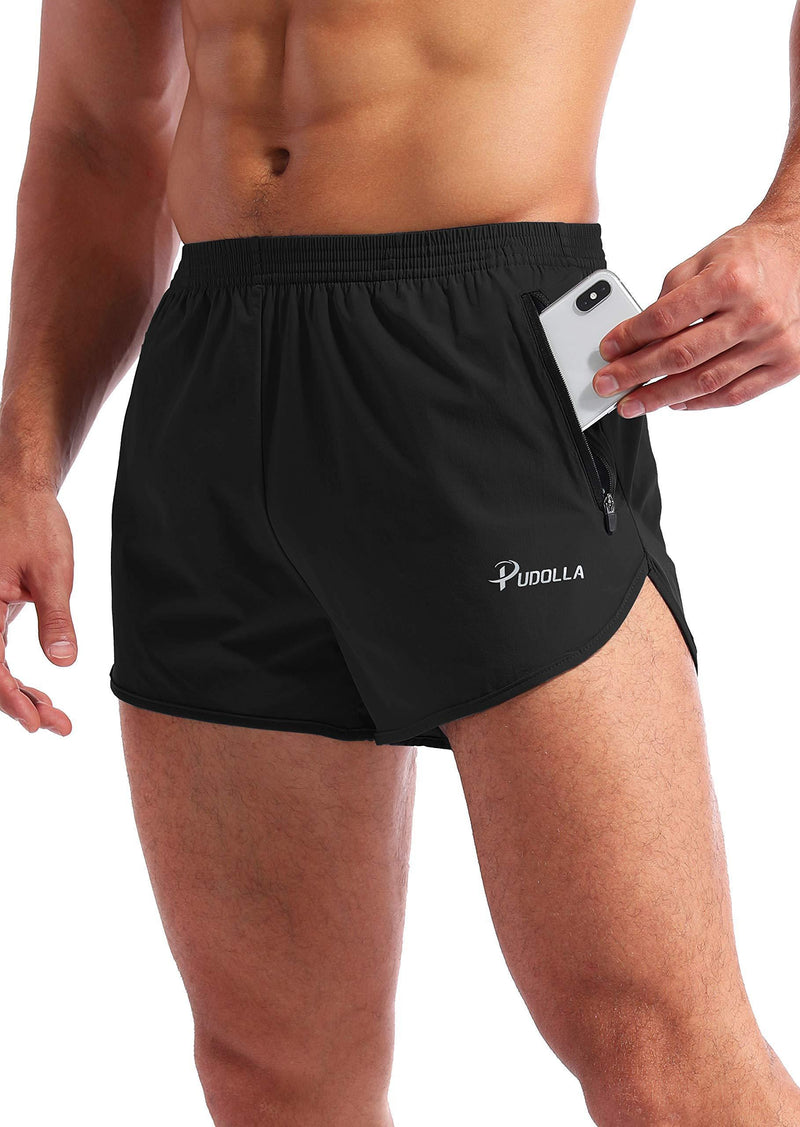 Pudolla Men’s Running Shorts 3 Inch Quick Dry Gym Athletic Workout Shorts for Men with Zipper Pockets Small Black