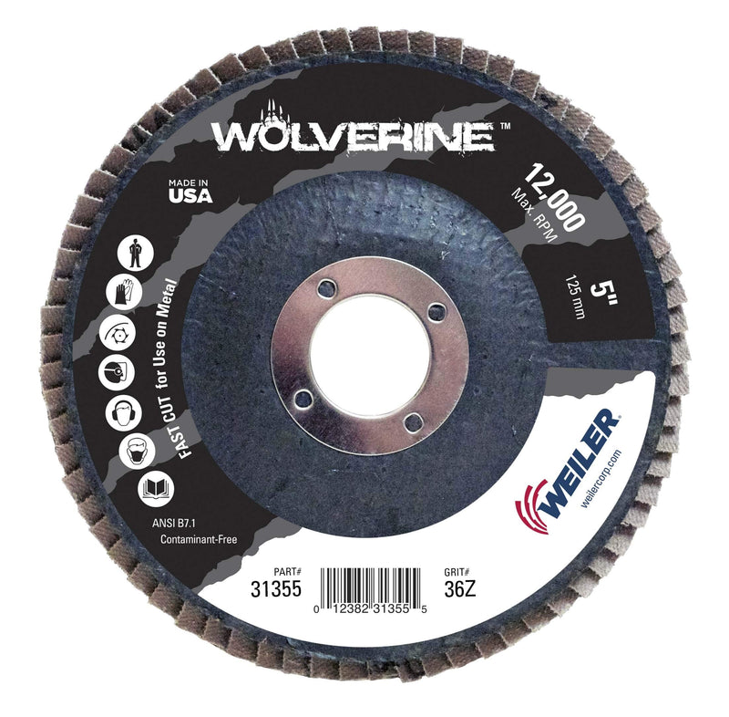 Weiler 31355 Wolverine 5" x 7/8" Arbor Hole Abrasive Flap Disc, 36 Grit Zirconia Alumina, Bevel Type 29, Phenolic Backing, Standard Density, Made in The USA, (Pack of 10) Type 29 7/8" Arbor