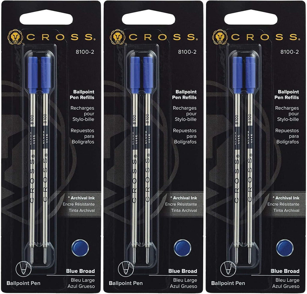 Cross Ballpoint Pen Refill, Broad Blue, 3 Pack 2 Per Card (8100-2)