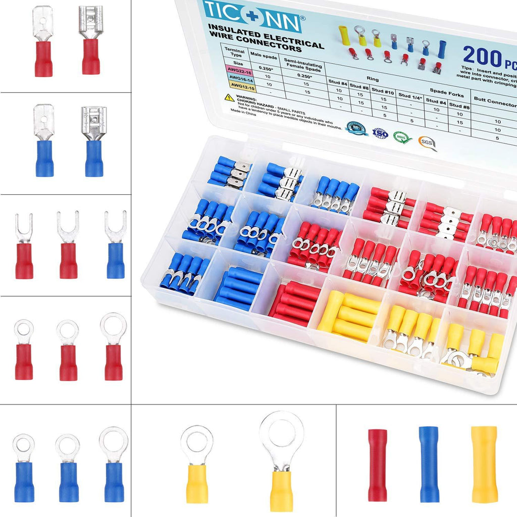 TICONN 200 Pcs Electrical Insulated Wire Connectors Kit - Spade, Ring, Butt, Quick Disconnect, Forks Connector - Crimp Cable Terminals