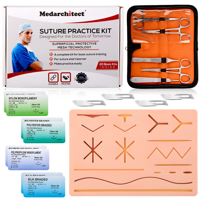 Medarchitect Suture Practice Kit (20 Pieces) for Medical Student Suture Training Include Thickened Suture Pad with Different Depth and Complete Suture Tools with PU Case