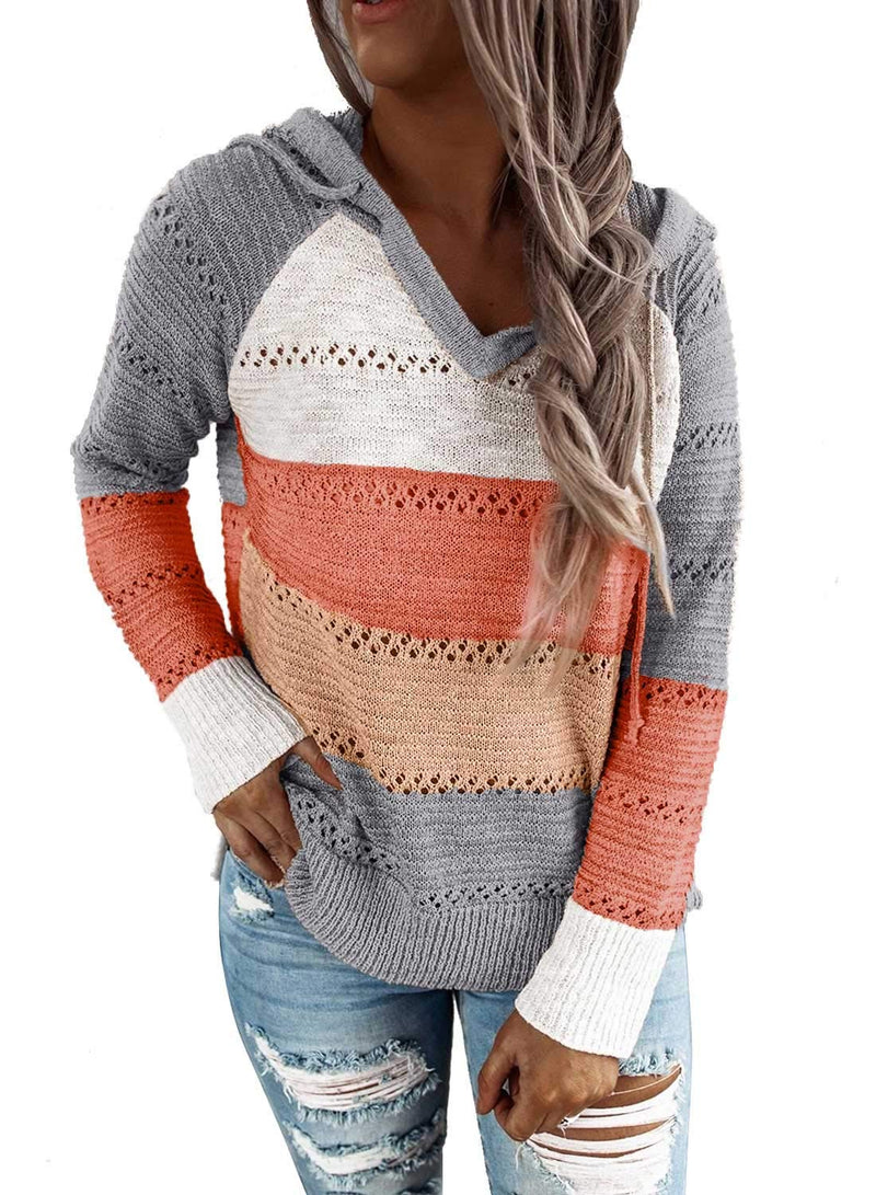 BLENCOT Women's Lightweight Color Block Hooded Sweaters Drawstring Hoodies Pullover Sweatshirts Small A Gray
