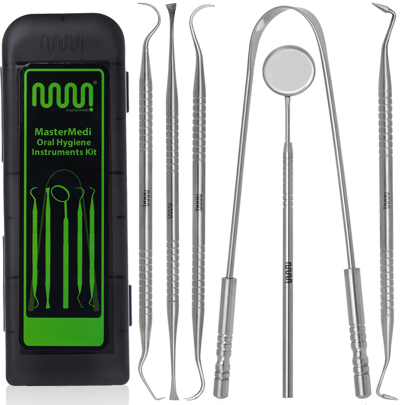 6 Pack Dental Tools Teeth Cleaning Kit, Plaque Remover for Teeth and Oral Care for Adults, Kids and Pets, Includes Tongue Scraper, Mirror, Probe, Scalers, 100% Stainless Steel Dental Kit with Case Tongue Scraper with Tools (set of 6)