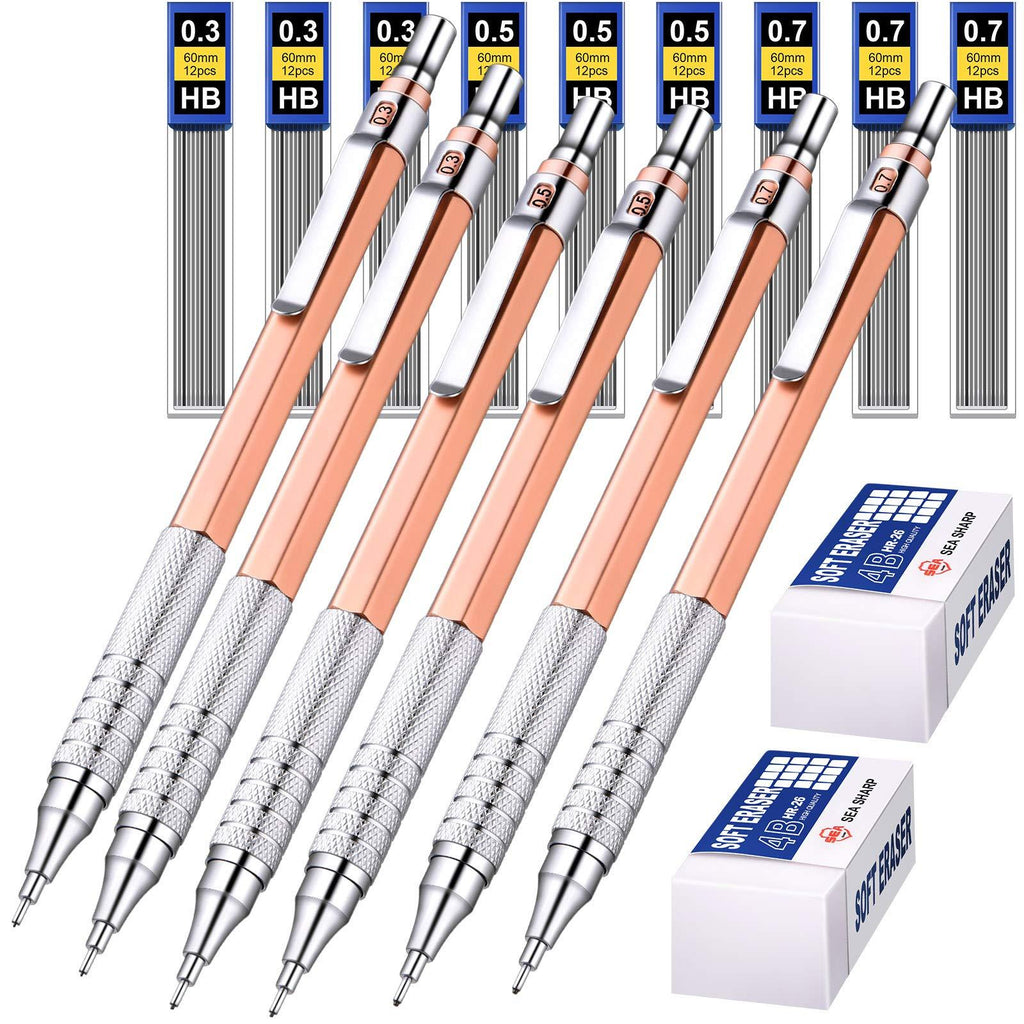 6 Pieces Metal Mechanical Pencils 0.3 mm, 0.5 mm and 0.7 mm Automatic Mechanical Pencils Writing Pencils, 9 Tubes HB Pencil Leads and 2 Pieces Erasers for Writing Draft, Drawing, Sketching (Rose Gold) Rose Gold