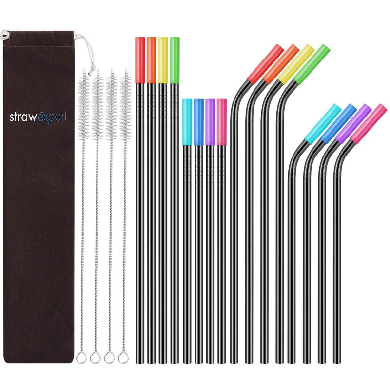 StrawExpert 16 Pack Black Reusable Metal Straws with Silicone Tip & Travel Case & Cleaning Brush,Long Stainless Steel Straws Drinking Straw for 20 and 30 oz Tumbler