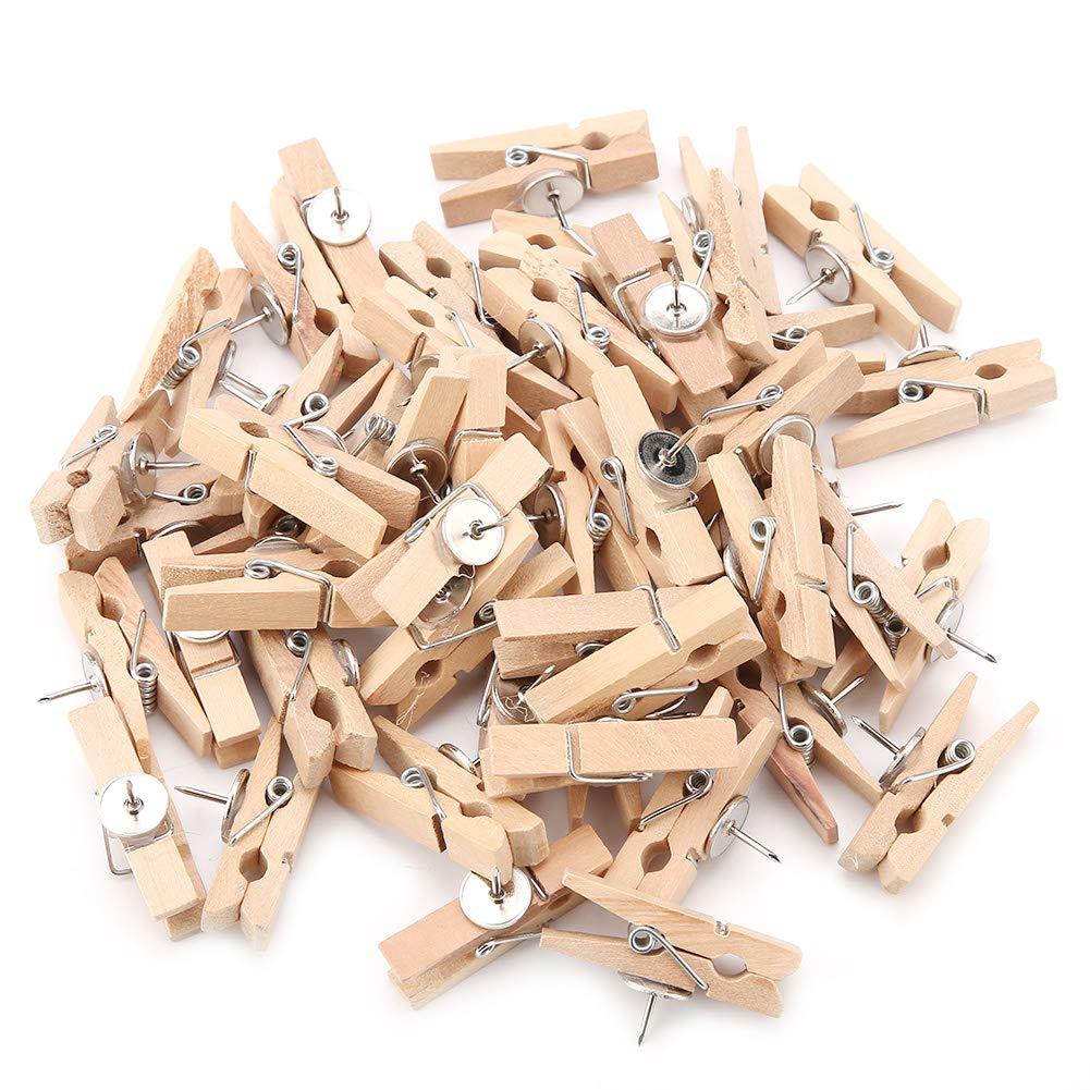 50pcs Push Pin Clip with Wooden Clips Pushpins Tacks Thumbtacks Wood Clothespins Craft Pegs Clips for Cork Boards Notes Photos