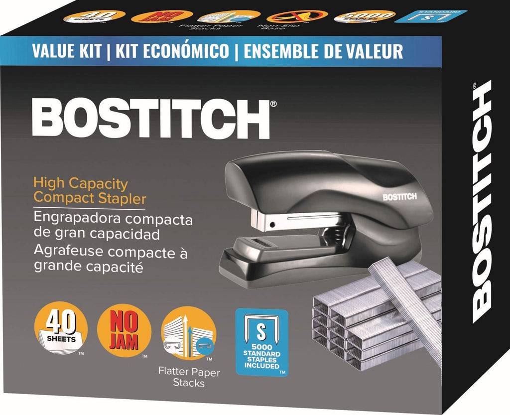 Bostitch Stapler with Staples Value Pack Set, Heavy Duty Stand Up Stapler, Black, 40 Sheet Capacity with 5000 Staples, Small Stapler Size, Fits Into The Palm of Your Hand (B175-BLK -VP)