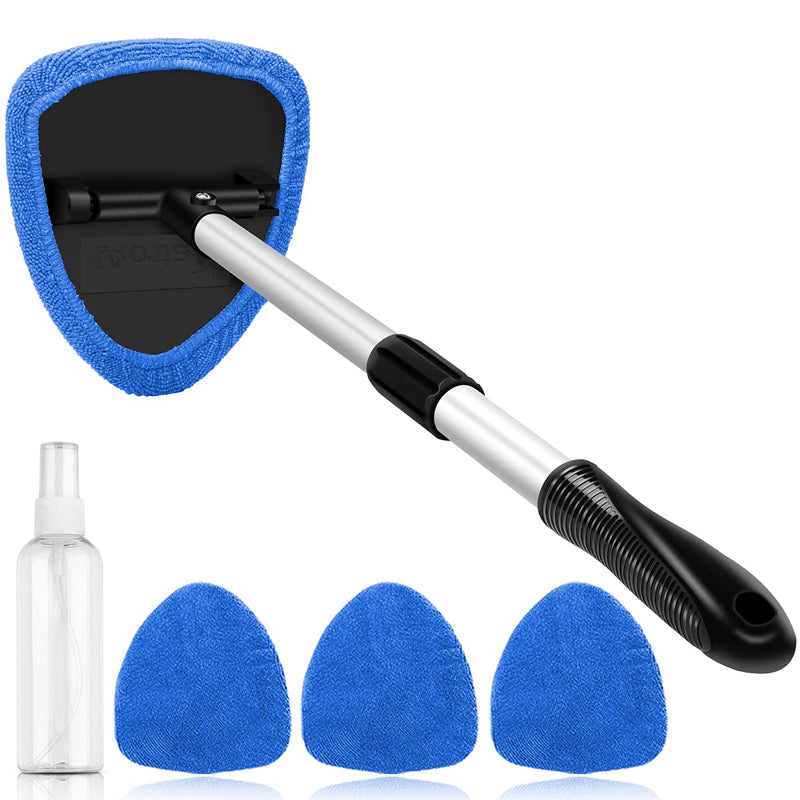 AstroAI Windshield Cleaner, Microfiber Car window cleaner with 4 Reusable and Washable Microfiber Pads and Extendable Handle Auto Inside Glass Wiper Kit, Blue