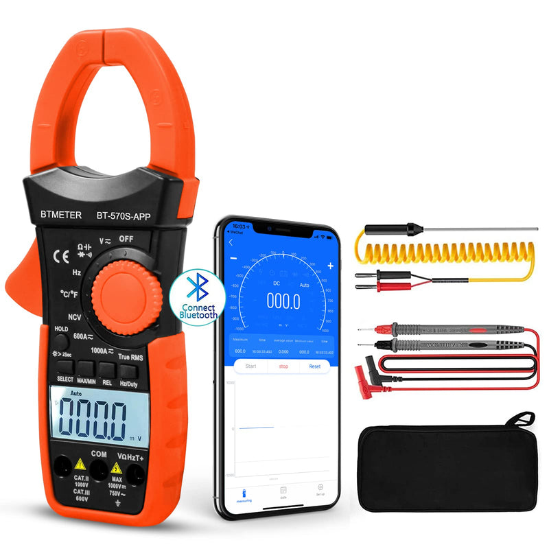 BTMETER Digital Clamp Multimeter BT-570S-APP with Bluetooth, 6000 Counts TRMS Clamp-on Ammeter Auto Ranging Voltage Tester Measure AC DC Volt Amp Ohm NCV Temperature Capacitance