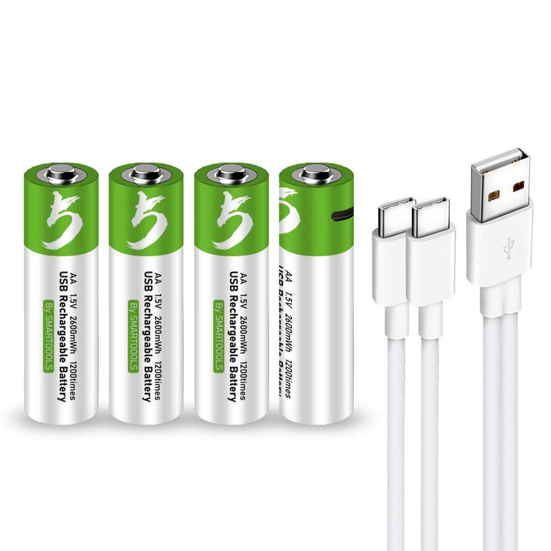 USB AA Lithium ion Rechargeable Battery, High Capacity 1.5V 2600mWh Rechargeable AA Battery, 1.5 H Fast Charge, 1200 Cycle with Type C Port Cable, Constant Output,4-Pack 4* AA battery