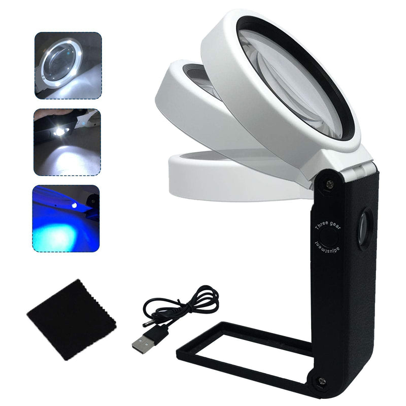 Magnifying Glass with Light and Stand Hands Free, LED Lighted Magnifier Adjustable Folding, Illuminated Magnifying Glass Portable for Reading, Exploring, Hobbies & Crafts 6X 25X