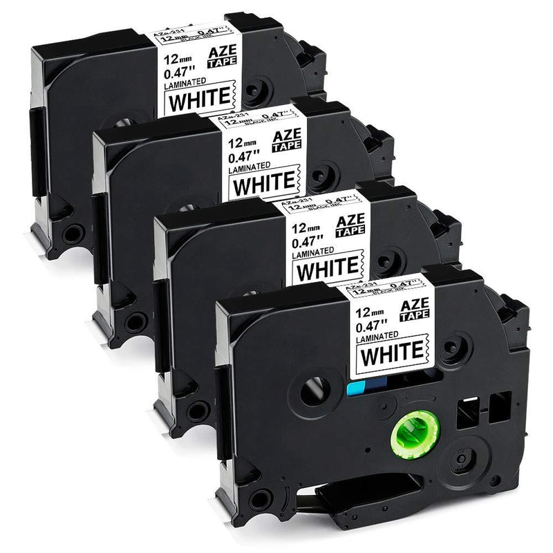 Greateam Compatible Label Tape Replacement for Brother TZe P-Touch Tape 12mm 0.47" TZe-231 Black on White 1/2inch P-Touch Label Maker Tape Use for Brother PT-D210 PT-H110 PT-D400 PT-D600 , 4Pack 4