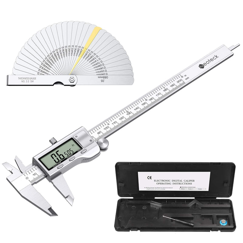 Neoteck 8 inch Digital Caliper and Feeler Gauge Set, Stainless Steel Electronic Vernier Caliper Measuring Tool Fractions/Inch/Metric Conversion Large LCD Screen