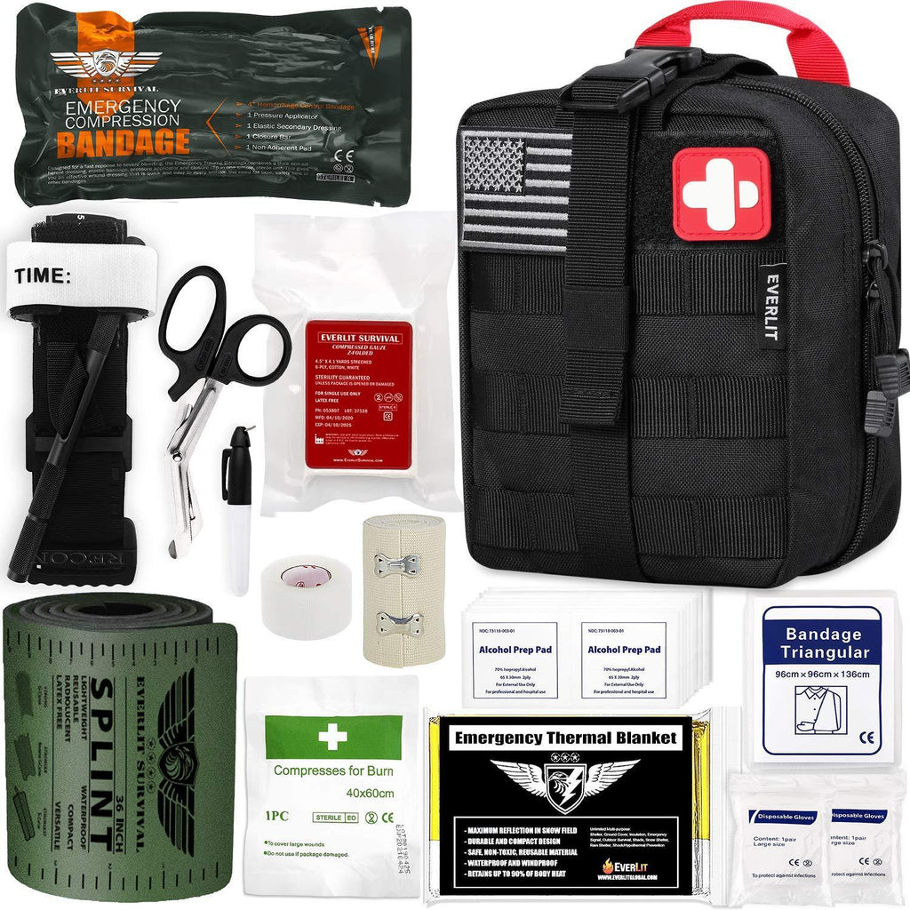 EVERLIT Emergency Trauma Kit GEN-I with Aluminum Tourniquet 36" Splint, Military Combat Tactical IFAK for First Aid Response, Critical Wounds, Gun Shots, Severe Bleeding Control (GEN-1 Black) Gen-1 Black