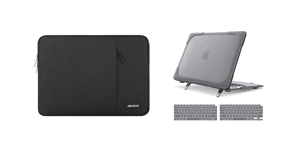 MOSISO Heavy Duty Plastic Hard Shell Case with Fold Kickstand & Vertical Sleeve Bag Compatible with MacBook Air 13 inch 2020 2019 2018 Release A2337 M1 A2179 A1932, Space Gray & Gray